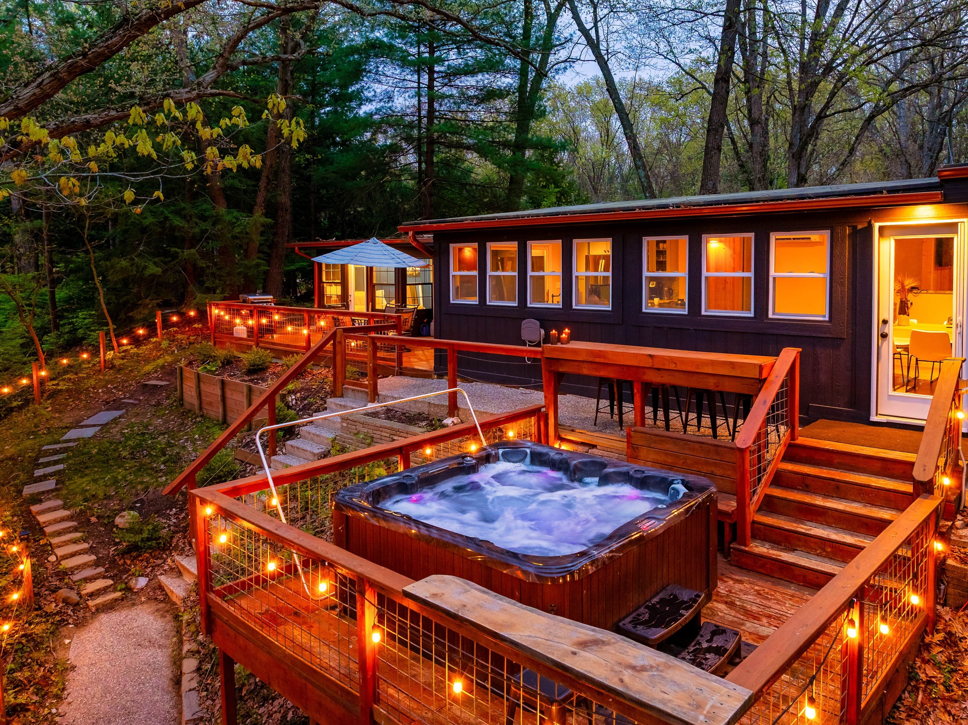 Deck and hot tub at dusk