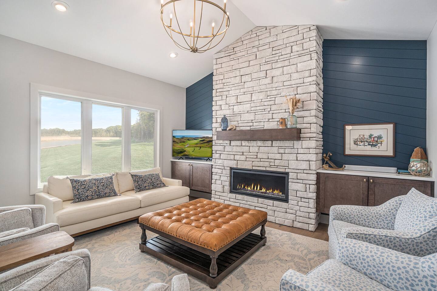 Great room with stone fireplace